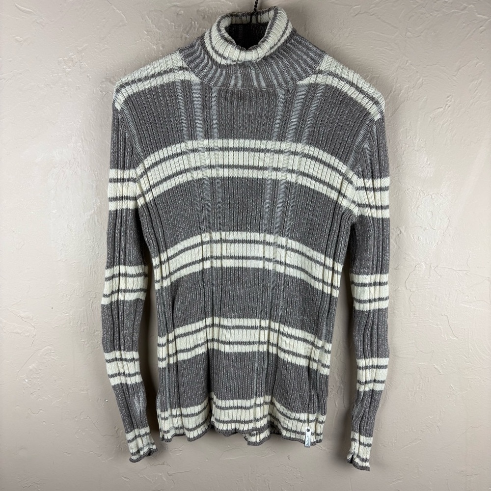 Woolrich 100% cotton Gray White Striped Turtleneck Sweater Ribbed Women’s small